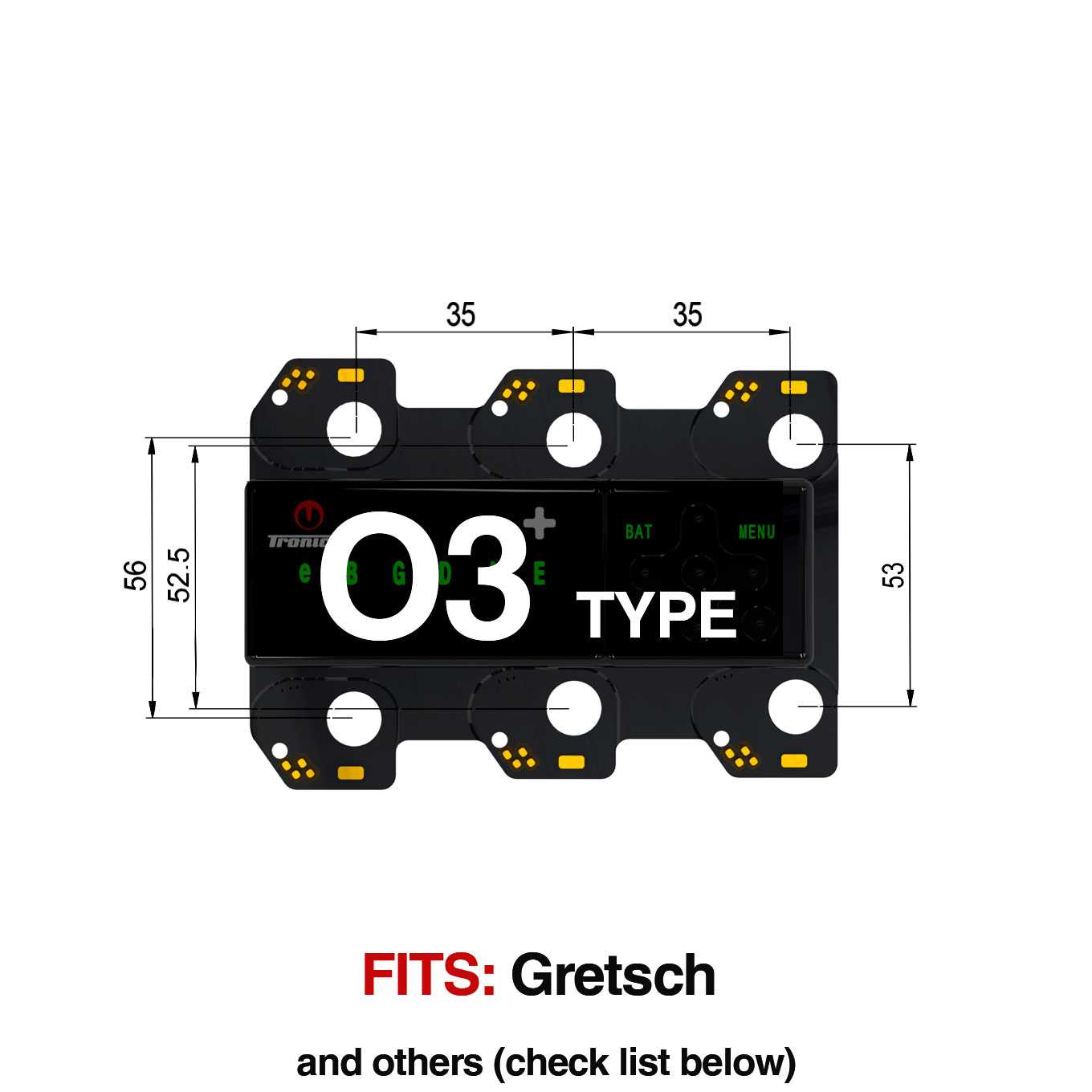 TronicalTune O3 automatic guitar tuner - mounting dimensions TronicalTune O3 automatic guitar tuner mounting plate with labeled dimensions and tuning peg hole positions