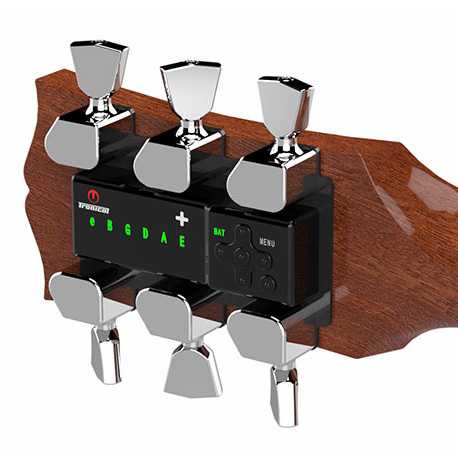 TronicalTune automatic guitar tuner - 3+3, Chrome Tulip TronicalTune automatic guitar tuner mounted behind a 3+3 guitar headstock with chrome motorized tuning pegs and Tulip keys