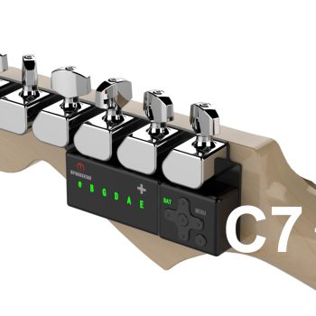 TronicalTune automatic guitar tuner - six-in-line, Chrome Strat TronicalTune automatic guitar tuner mounted behind a six-in-line guitar headstock with chrome motorized tuning pegs and Strat keys
