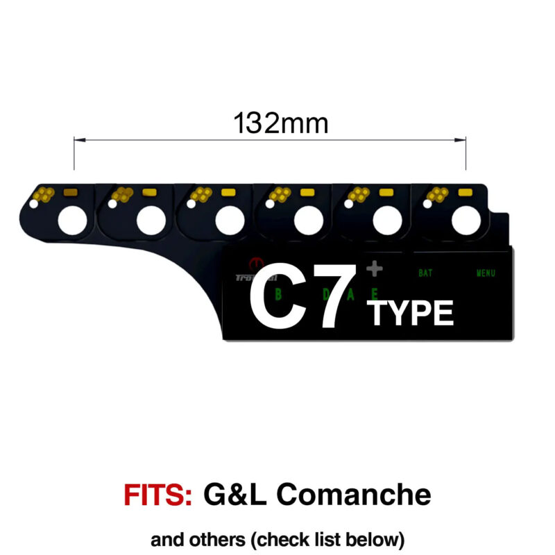 TronicalTune C7 automatic guitar tuner - mounting dimensions TronicalTune C7 automatic guitar tuner mounting plate with labeled dimensions and tuning peg hole positions