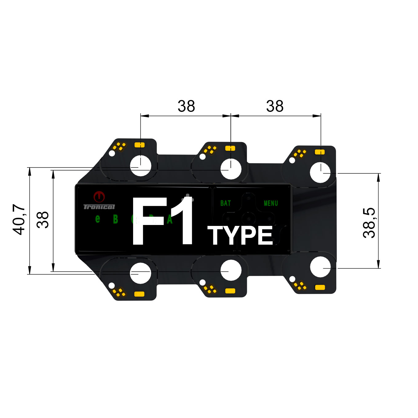 TronicalTune F1 automatic guitar tuner - mounting dimensions TronicalTune F1 automatic guitar tuner mounting plate with labeled dimensions and tuning peg hole positions