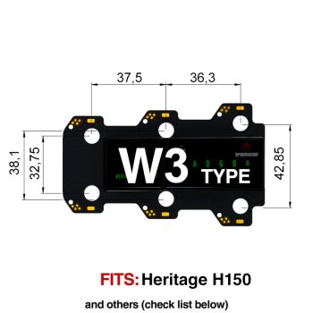 TronicalTune W3 automatic guitar tuner mounting plate with labeled dimensions and tuning peg hole positions