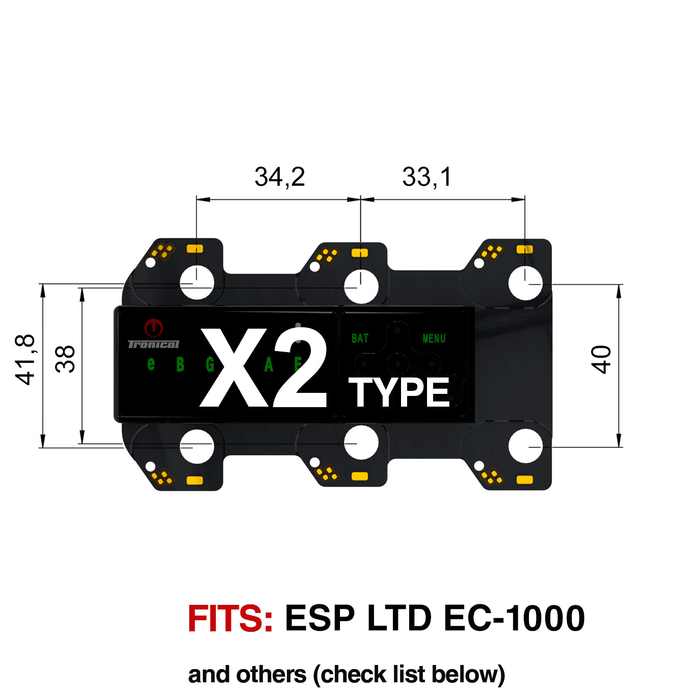 TronicalTune X2 automatic guitar tuner - mounting dimensions TronicalTune X2 automatic guitar tuner mounting plate with labeled dimensions and tuning peg hole positions