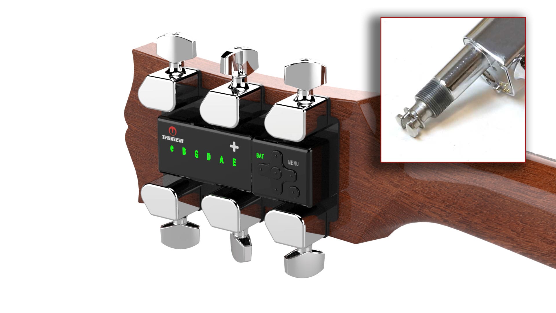 TronicalTune automatic guitar tuner - 3+3, Chrome Strat, SLS locking mechanism detail TronicalTune automatic guitar tuner mounted behind a 3+3 guitar headstock with chrome motorized tuning pegs and Strat keys; SLS locking mechanism detail