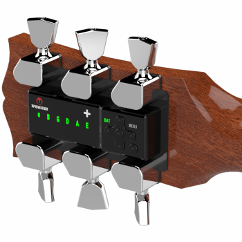 Automatic Guitar Tuner TronicalTune 3+3 Style TronicalTune automatic guitar tuner mounted behind a 3+3 guitar headstock with chrome motorized tuning pegs and Tulip keys