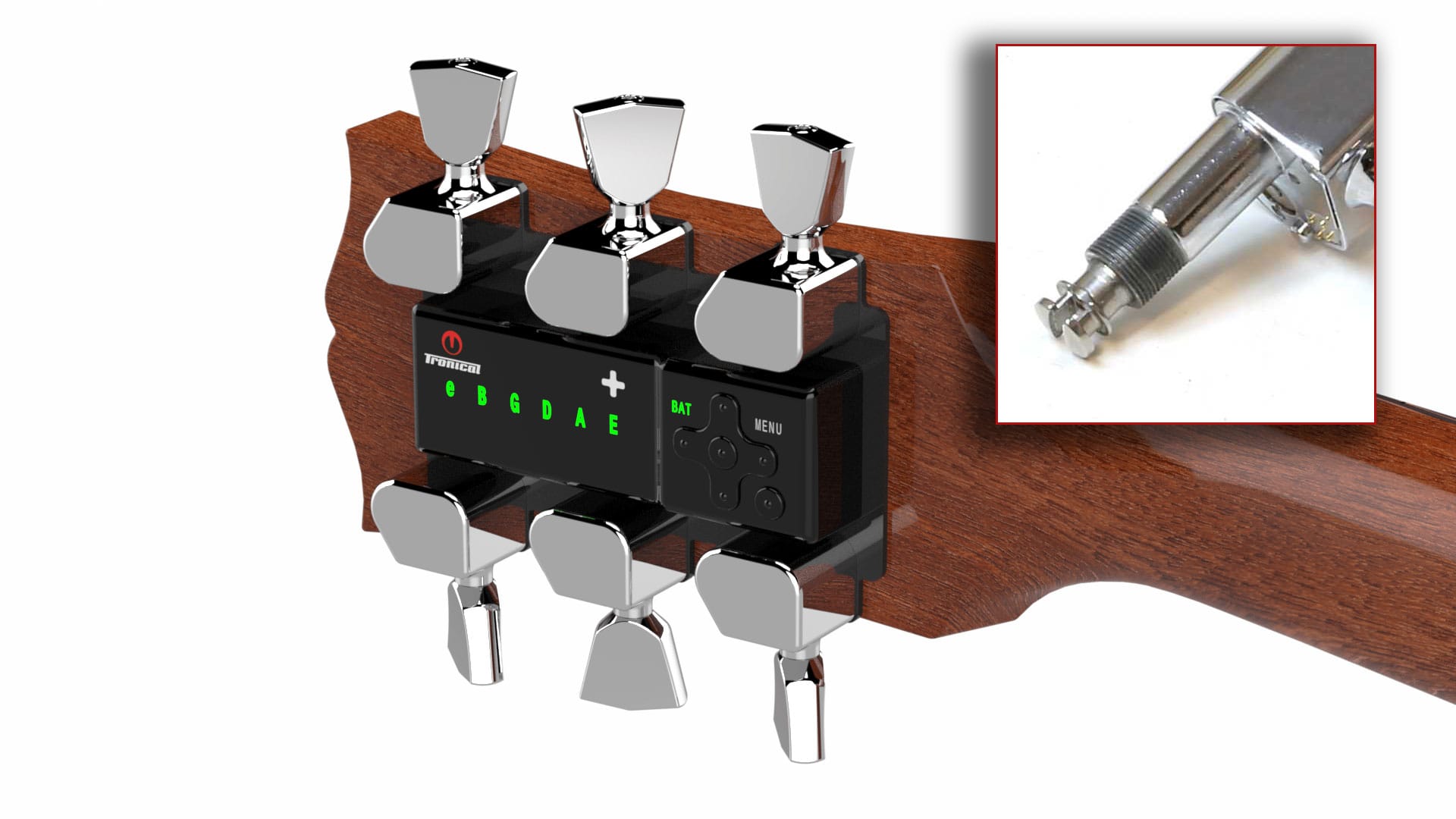 TronicalTune automatic guitar tuner - 3+3, Chrome Tulip, SLS locking mechanism detail TronicalTune automatic guitar tuner mounted behind a 3+3 guitar headstock with chrome motorized tuning pegs and Tulip keys; SLS locking mechanism detail