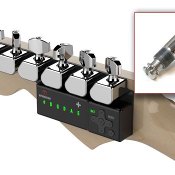 TronicalTune automatic guitar tuner - six-in-line, Chrome Strat, SLS locking mechanism detail TronicalTune automatic guitar tuner mounted behind a six-in-line guitar headstock with chrome motorized tuning pegs and Strat keys; SLS locking mechanism detail