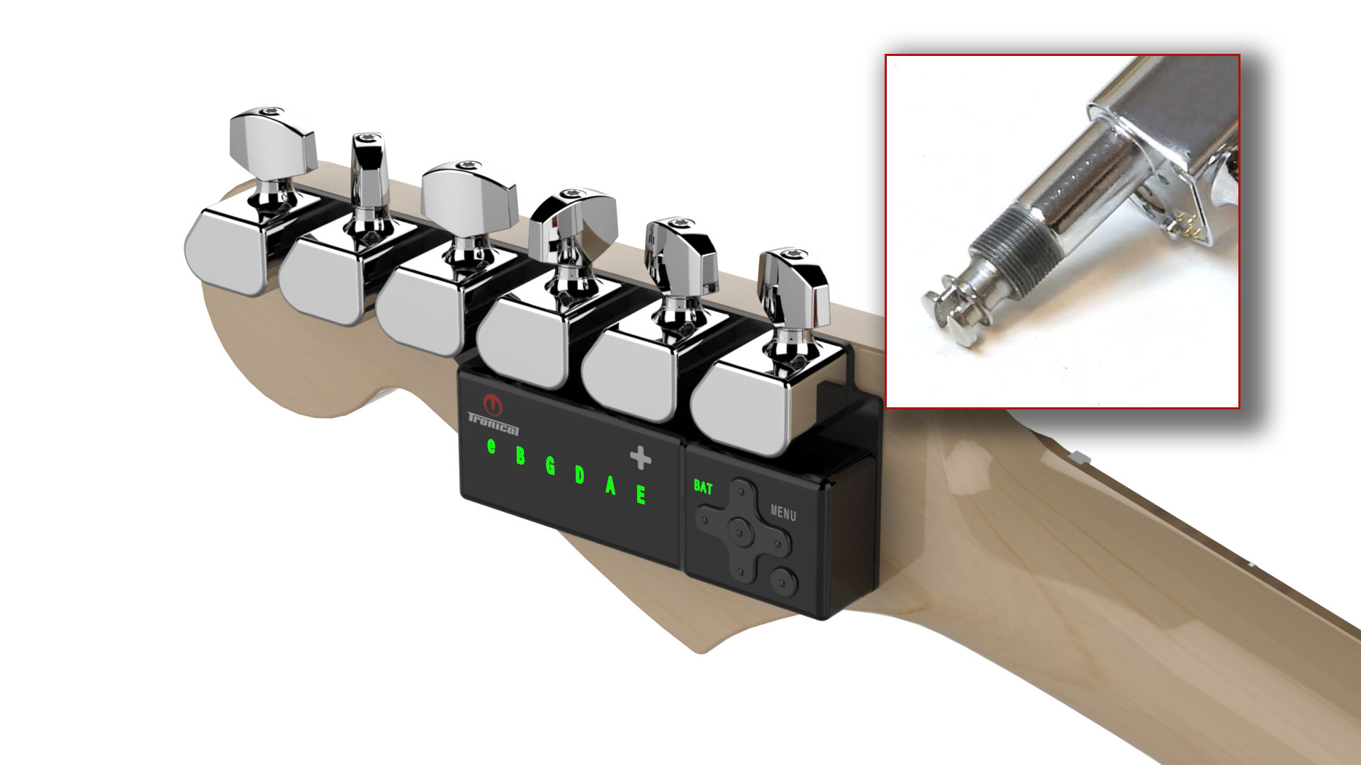 TronicalTune automatic guitar tuner - six-in-line, Chrome Strat, SLS locking mechanism detail TronicalTune automatic guitar tuner mounted behind a six-in-line guitar headstock with chrome motorized tuning pegs and Strat keys; SLS locking mechanism detail
