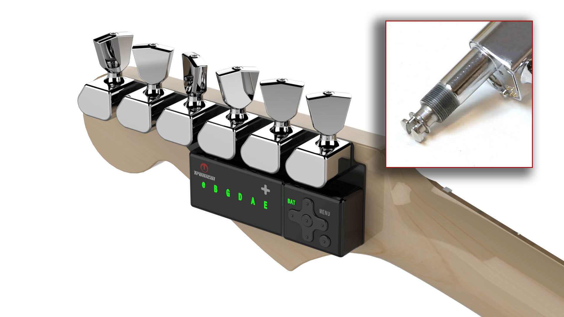 TronicalTune automatic guitar tuner mounted behind a six-in-line guitar headstock with chrome motorized tuning pegs and Tulip keys; SLS locking mechanism detail