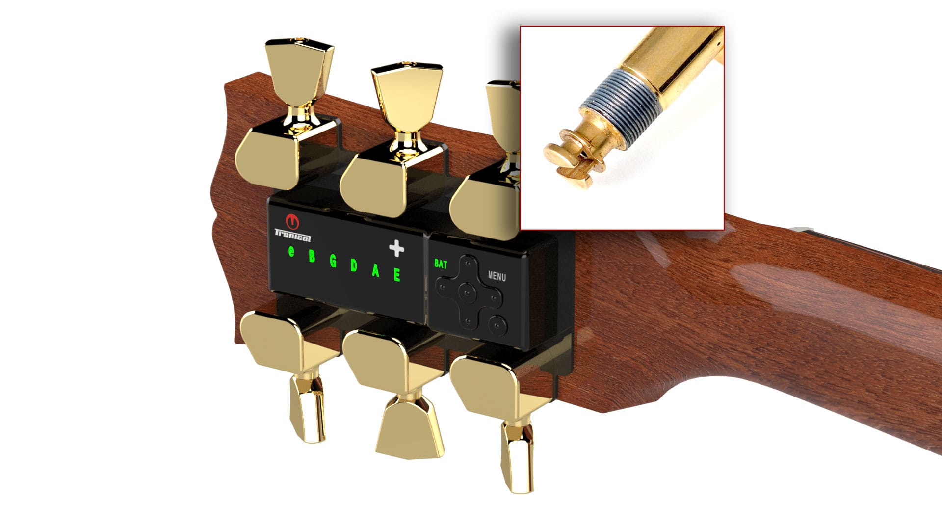 TronicalTune automatic guitar tuner - 3+3, Gold Strat, SLS locking mechanism detail TronicalTune automatic guitar tuner mounted behind a 3+3 guitar headstock with gold motorized tuning pegs and Strat keys; SLS locking mechanism detail
