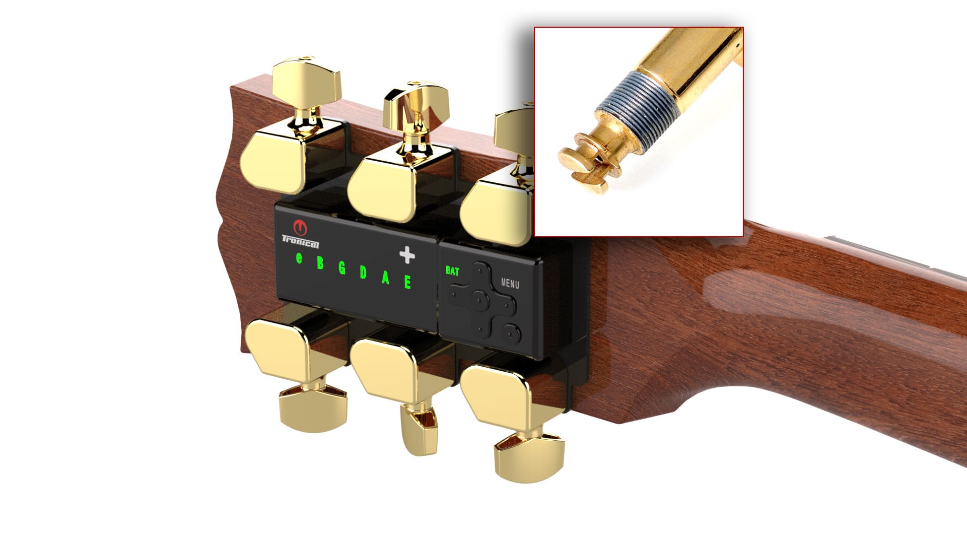 TronicalTune automatic guitar tuner - 3+3, Gold Strat, SLS locking mechanism detail TronicalTune automatic guitar tuner mounted behind a 3+3 guitar headstock with gold motorized tuning pegs and Strat keys; SLS locking mechanism detail