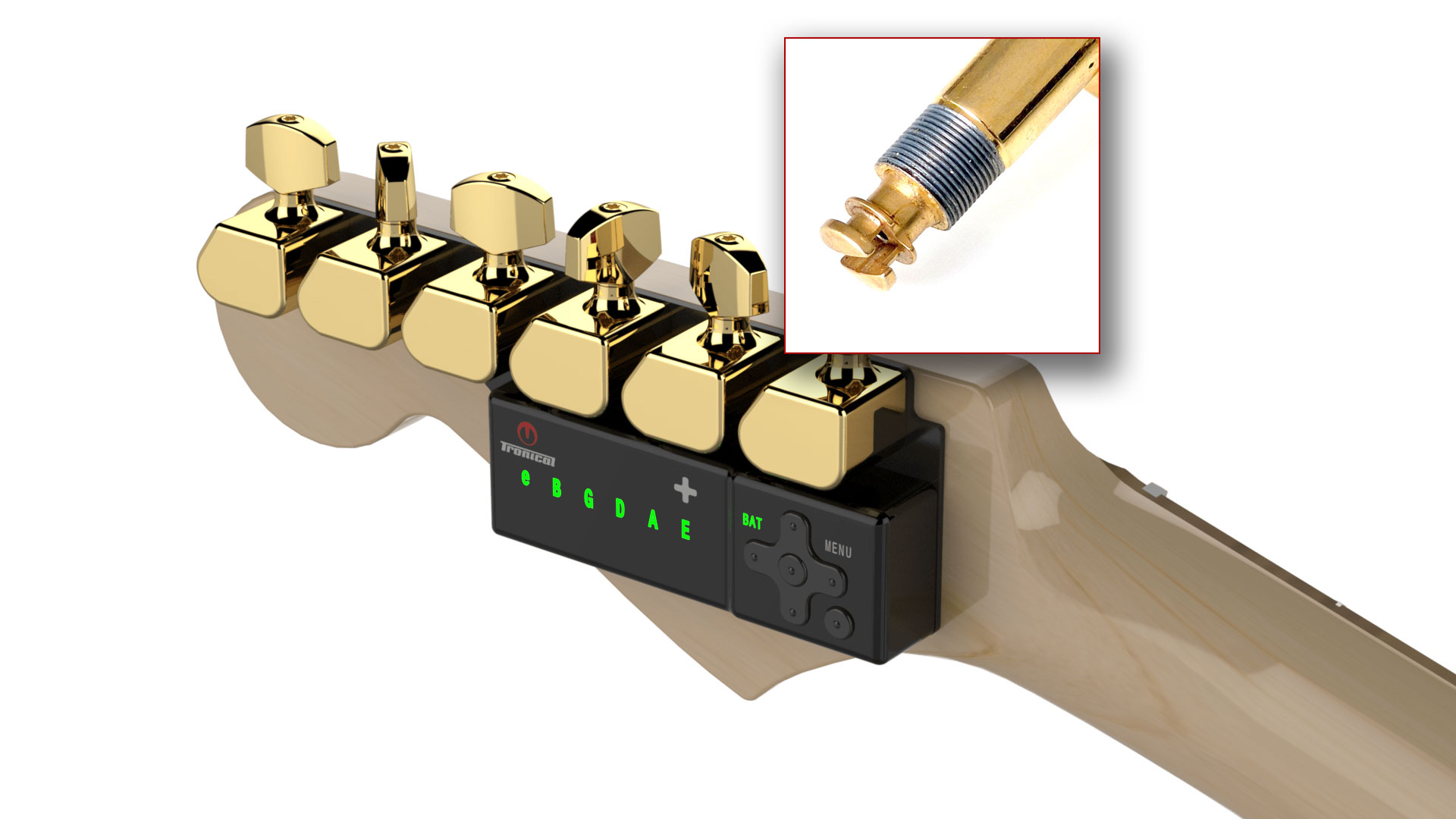 TronicalTune automatic guitar tuner - six-in-line, Gold Strat, SLS locking mechanism detail TronicalTune automatic guitar tuner mounted behind a six-in-line guitar headstock with gold motorized tuning pegs and Strat keys; SLS locking mechanism detail