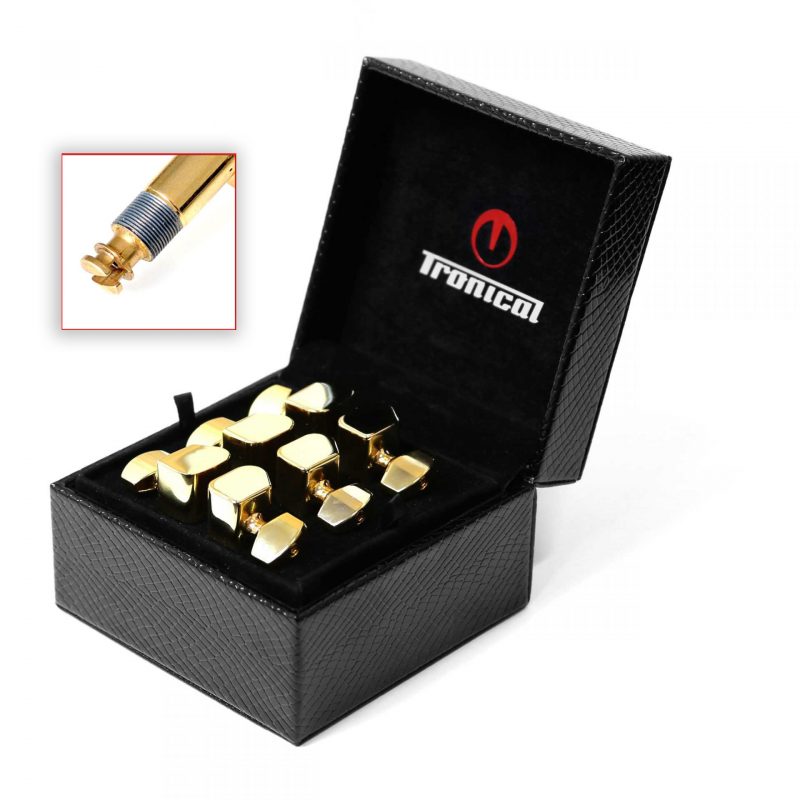 Tronical PowerHead automatic guitar tuning pegs - Gold Strat set Set of six gold PowerHead motorized guitar tuning pegs with Strat keys in an open presentation box; locking mechanism detail