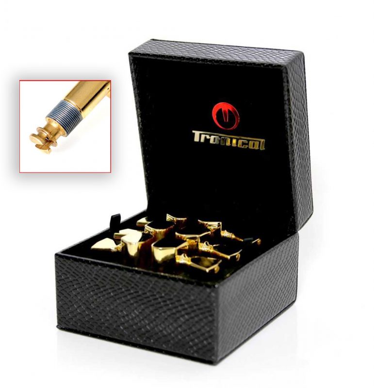 Tronical PowerHead automatic guitar tuning pegs - Gold Tulip set Set of six gold PowerHead motorized guitar tuning pegs with Tulip keys in an open presentation box; locking mechanism detail