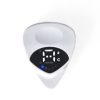 White guitar pick-shaped digital tuner with an illuminated tuning display