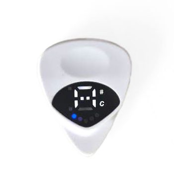 Emergency PickTuner compact guitar tuner White guitar pick-shaped digital tuner with an illuminated tuning display