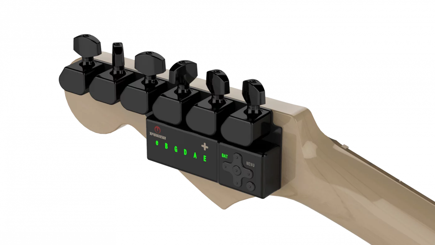 TronicalTune automatic guitar tuner - six-in-line, Black Strat TronicalTune automatic guitar tuner mounted behind a six-in-line guitar headstock with black motorized tuning pegs and Strat keys