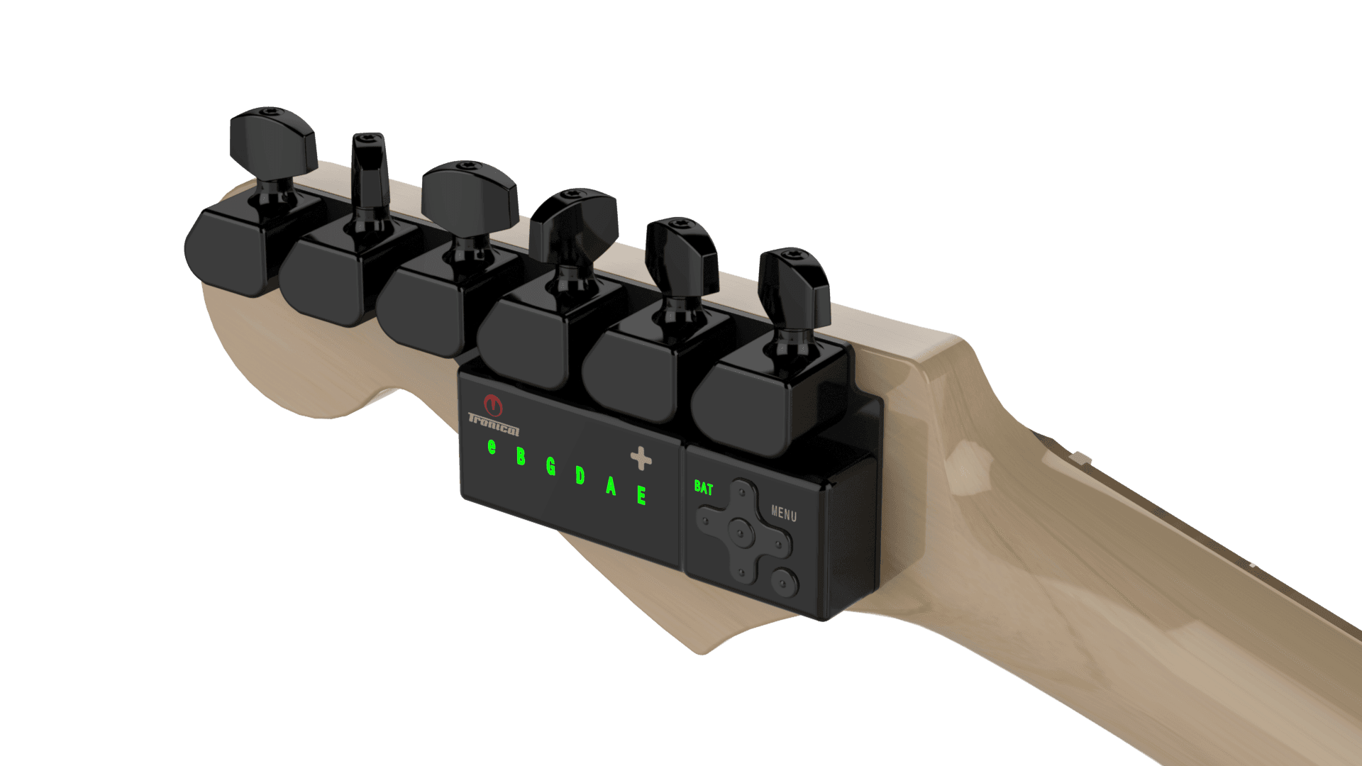 TronicalTune automatic guitar tuner - six-in-line, Black Strat TronicalTune automatic guitar tuner mounted behind a six-in-line guitar headstock with black motorized tuning pegs and Strat keys