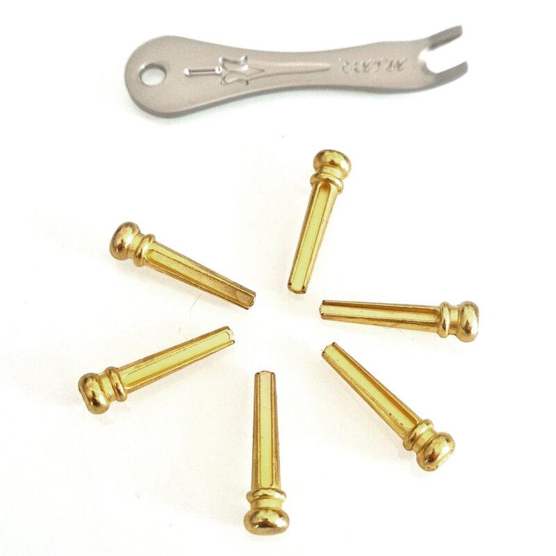 Gold acoustic guitar bridge pins with removal tool Six gold-colored acoustic guitar bridge pins with a metal bridge pin removal tool