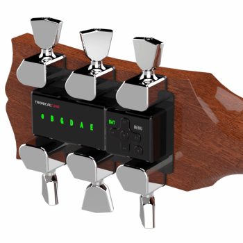 TronicalTune automatic guitar tuner mounted behind a 3+3 guitar headstock with chrome motorized tuning pegs and Tulip keys