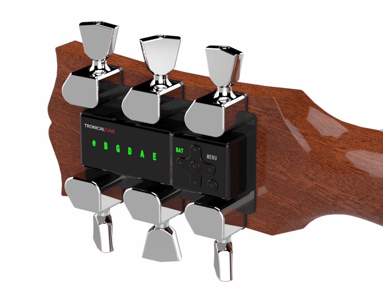 TronicalTune automatic guitar tuner - 3+3, Chrome Tulip TronicalTune automatic guitar tuner mounted behind a 3+3 guitar headstock with chrome motorized tuning pegs and Tulip keys