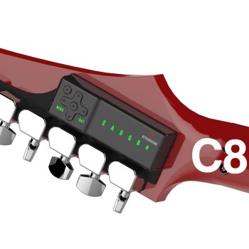 C8 Type Reverse Tronicaltune Guitar Tuner TronicalTune automatic guitar tuner mounted behind a reverse six-in-line guitar headstock with chrome motorized tuning pegs and Strat keys