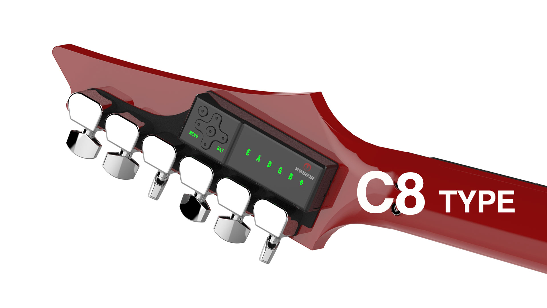 TronicalTune automatic guitar tuner - reverse six-in-line, Chrome Strat TronicalTune automatic guitar tuner mounted behind a reverse six-in-line guitar headstock with chrome motorized tuning pegs and Strat keys
