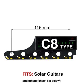 TronicalTune C8 Reverse automatic guitar tuner mounting plate with labeled dimensions and tuning peg hole positions