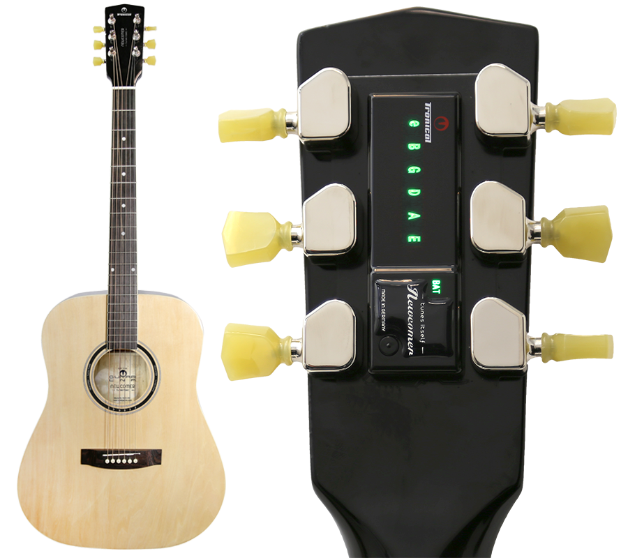 NEWCOMER self-tuning acoustic guitar and automatic guitar tuner NEWCOMER acoustic guitar with a close-up of the automatic guitar tuner mounted behind the headstock