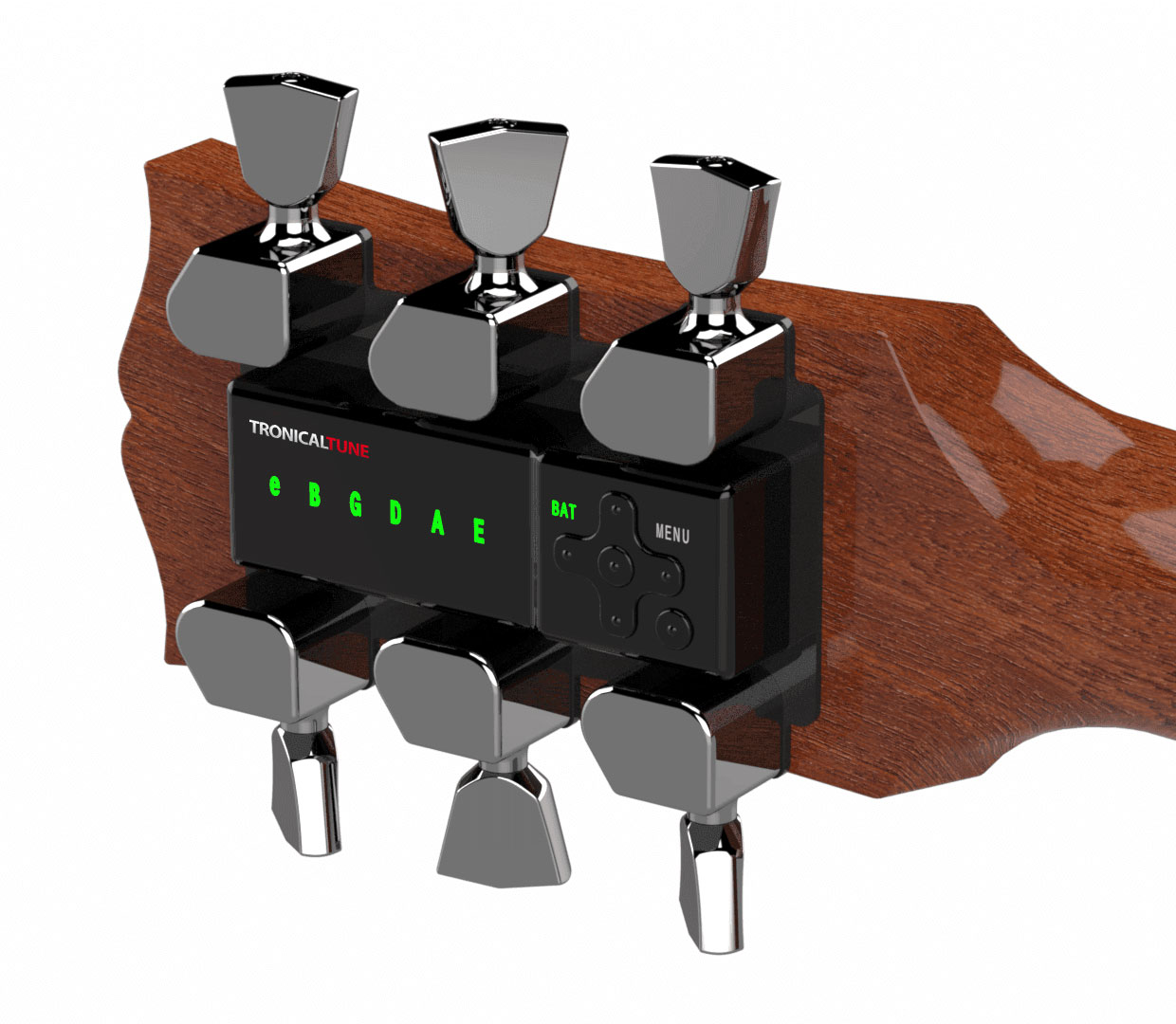 Guitar Tuner Comparison: 4 Models, an Honest Verdict TronicalTune PLUS automatic guitar tuner in a three-per-side headstock layout with black chrome tulip keys