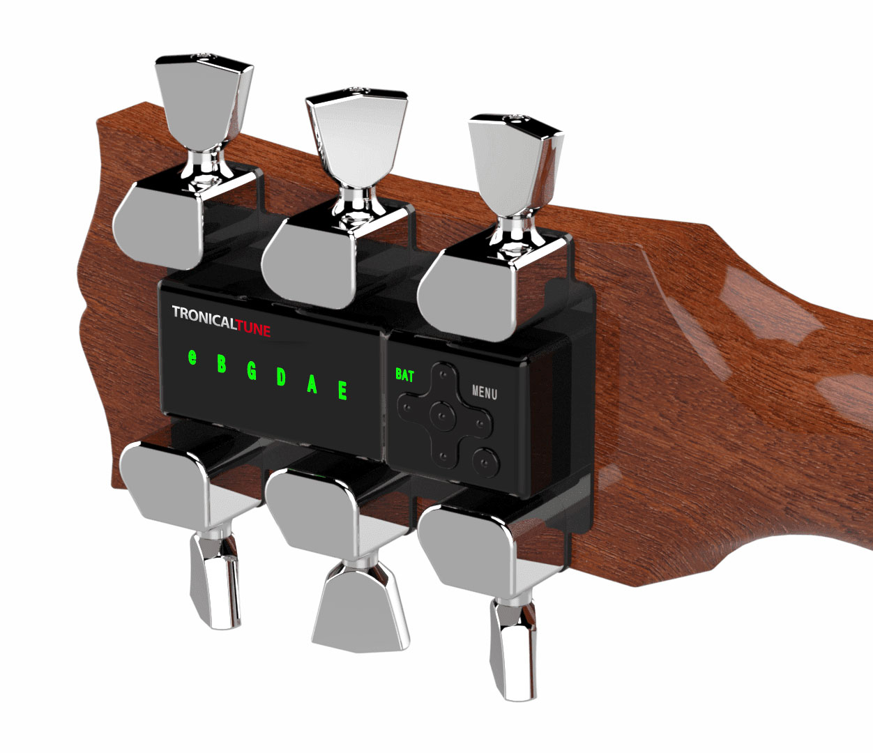 TronicalTune automatic guitar tuner - 3+3, Chrome Tulip TronicalTune automatic guitar tuner mounted behind a 3+3 guitar headstock with chrome motorized tuning pegs and Tulip keys
