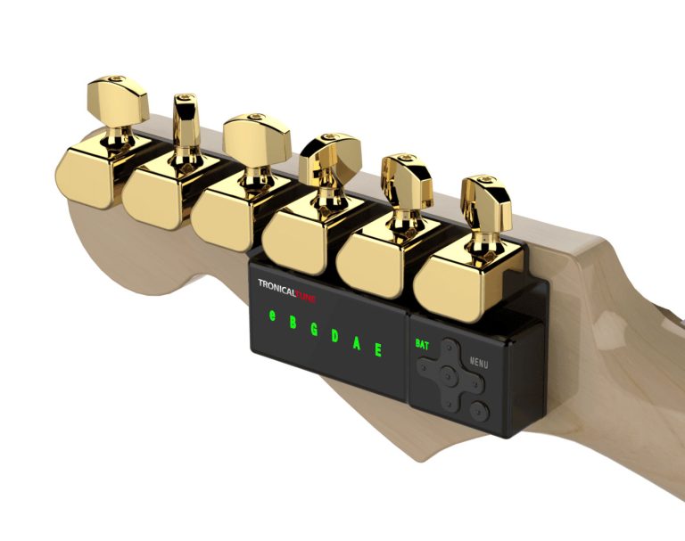 TronicalTune automatic guitar tuner mounted behind a six-in-line guitar headstock with gold motorized tuning pegs and Strat keys