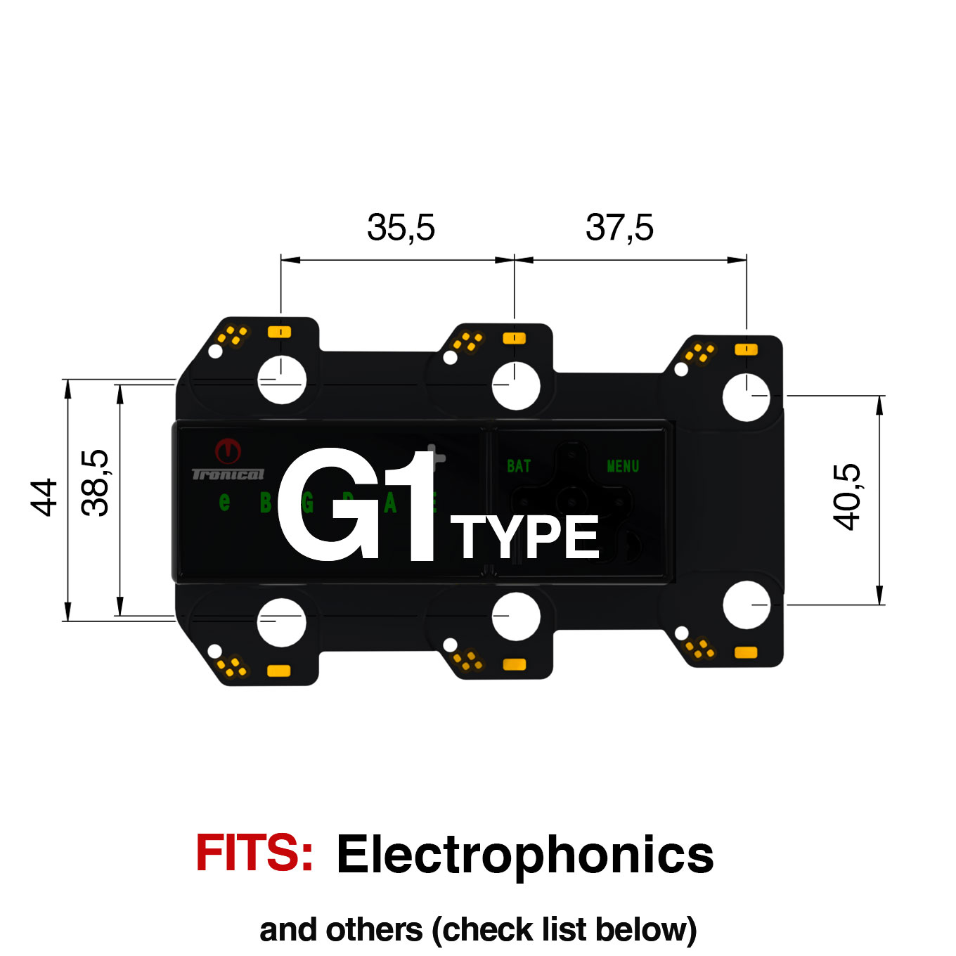 TronicalTune G1 automatic guitar tuner - mounting dimensions TronicalTune G1 automatic guitar tuner mounting plate with labeled dimensions and tuning peg hole positions