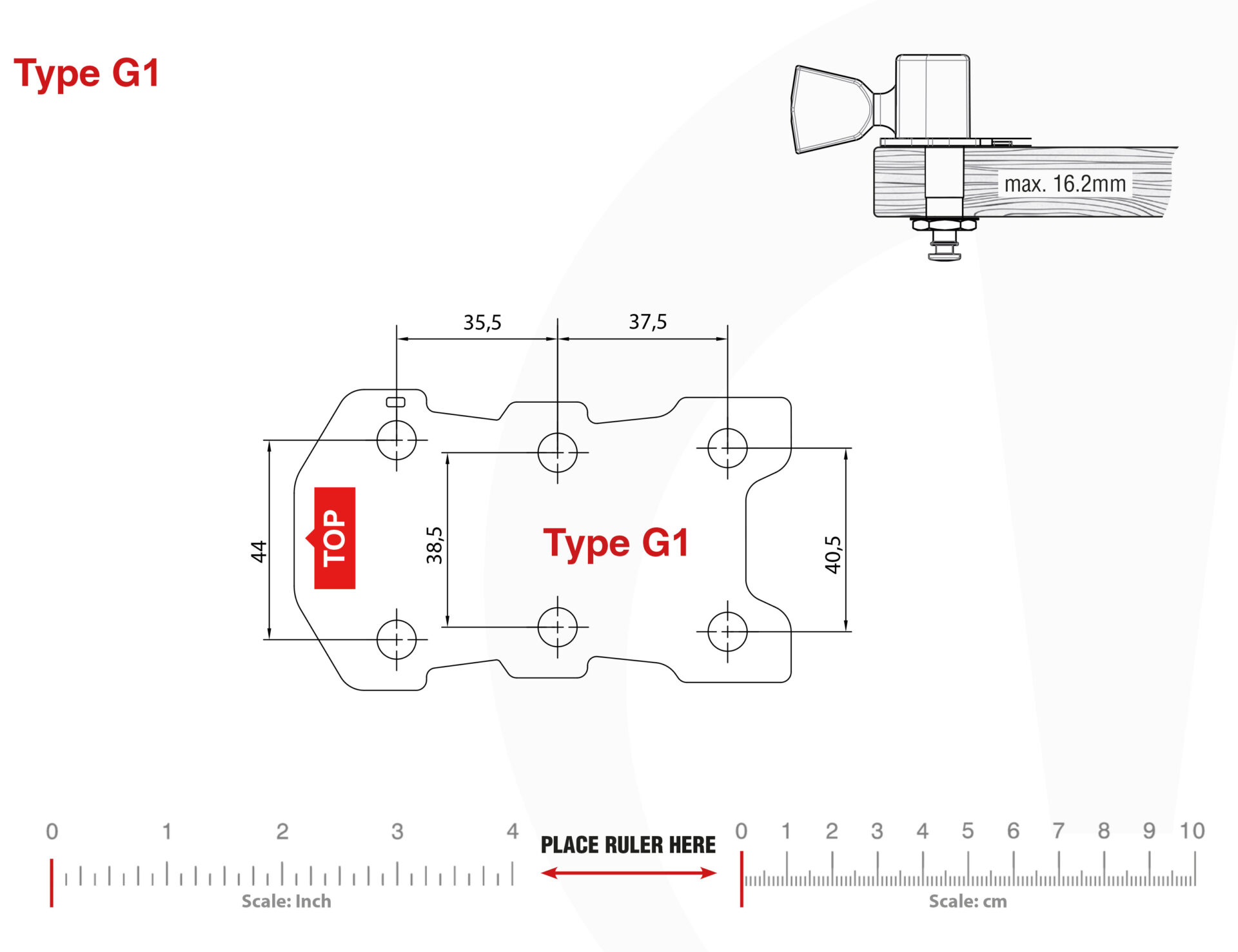 TronicalTune G1 guitar tuner - mounting template Technical mounting template with hole spacing and dimensions for the TronicalTune G1 automatic guitar tuner