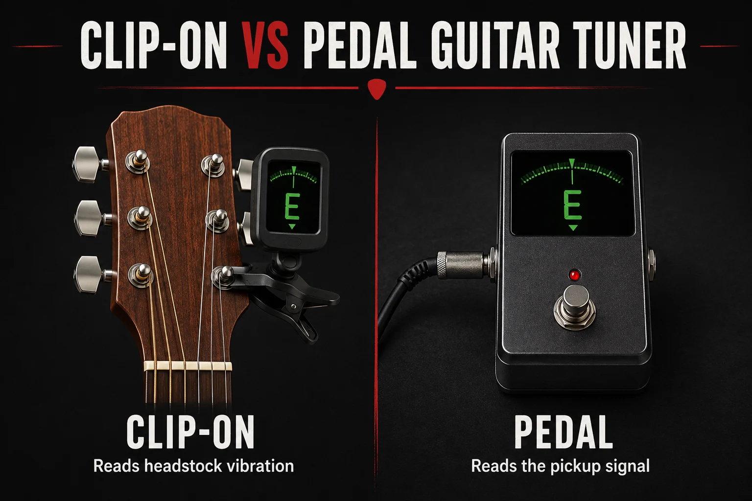 Clip-On vs Pedal Guitar Tuner: 5 Smart Tests for Loud Rooms Clip-on vs pedal guitar tuner comparison: headstock vibration sensor and cable-connected floor pedal