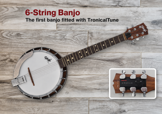 Six-string banjo fitted with TronicalTune, with a close-up of the rear headstock and six motorized tuners