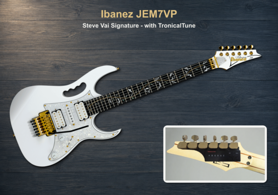 White Ibanez JEM7VP Steve Vai Signature guitar with gold hardware and a rear-headstock detail of the TronicalTune system