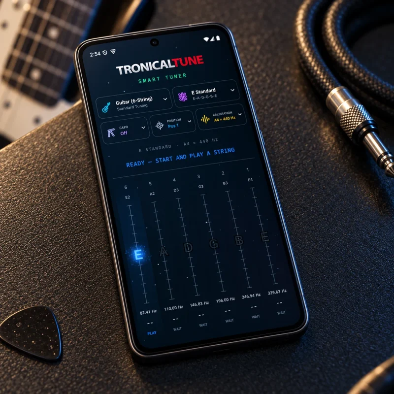 Tronicaltune Online Guitar tuner Android smartphone lying on a desk displaying the TronicalTune Smart Tuner guitar tuner app